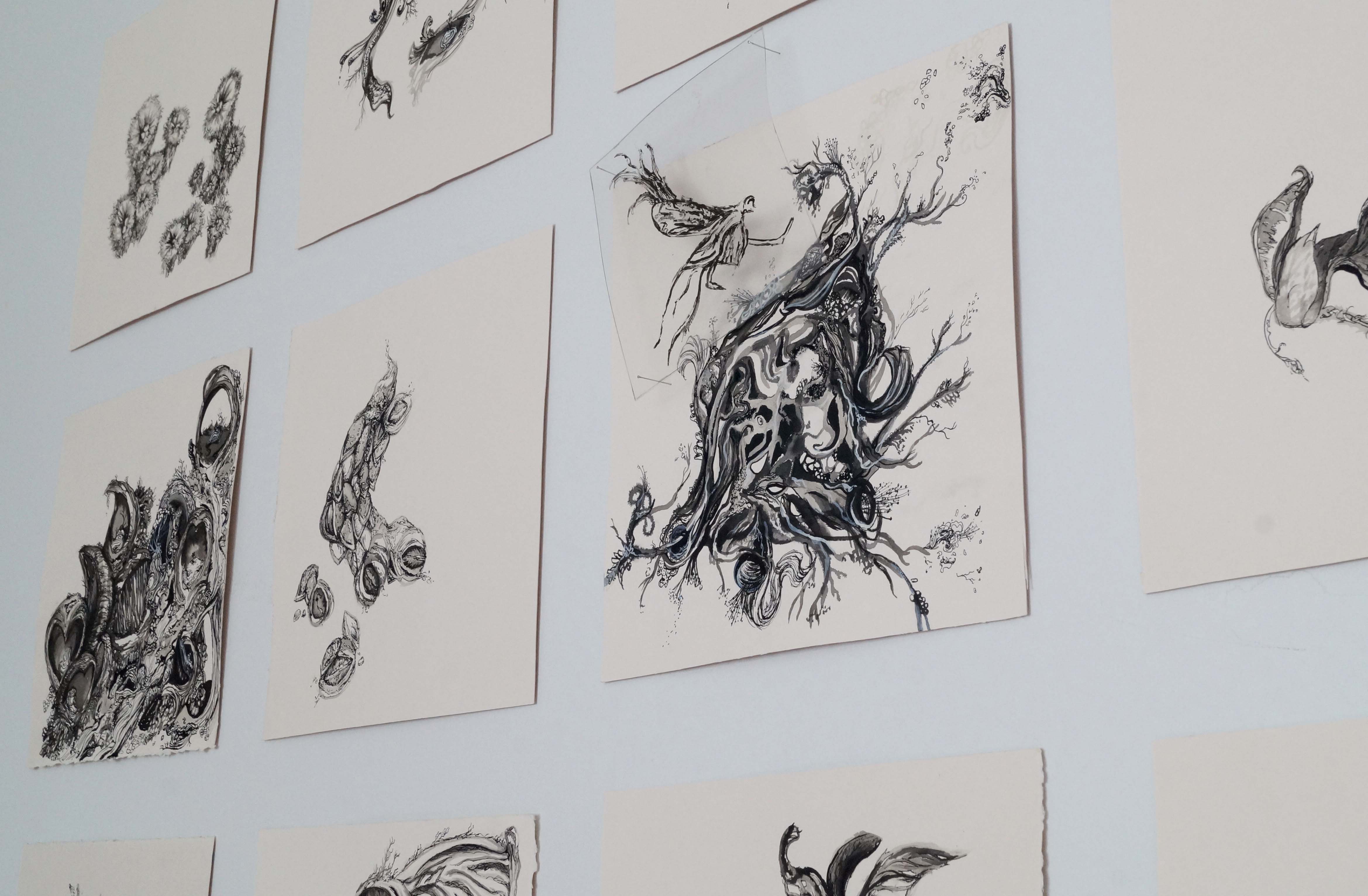 Diaphane anaphase, 2022, 70’’x70’’, encre de chine sur papier Fabriano et acétates