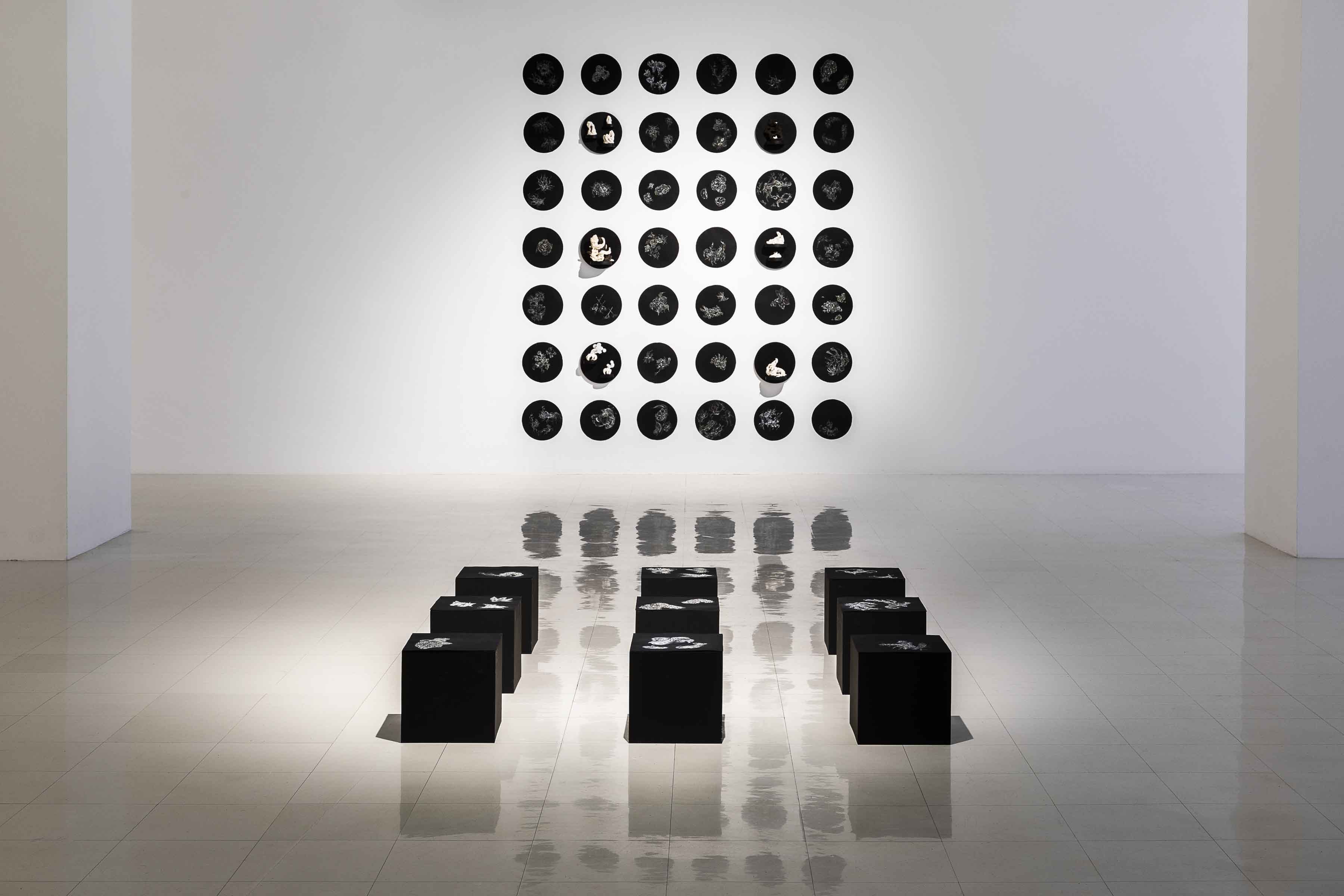 Le jardin des informes, 2021, 70’’x70’’, pastel sur papier Fabriano et céramiques sur support de bois